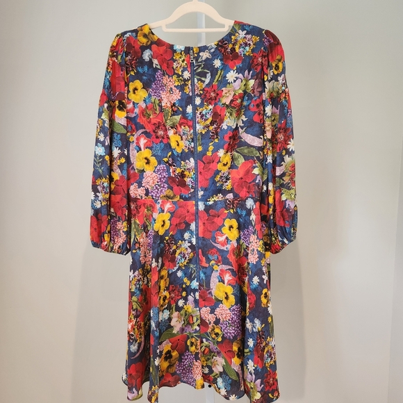 Alice + Olivia Floral Balloon Sleeve Kerri Bishop Dress Tie V-neck Silk Sz 6 - Picture 6 of 16
